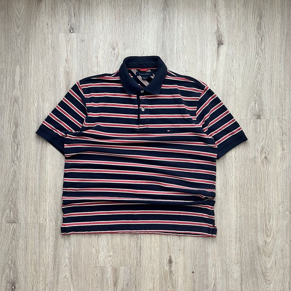 Tommy Hilfiger Polo Shirt Mens Large Red Black Navy Striped Short Sleeve Classic